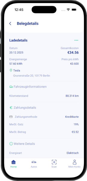 Spritkosten App - Ladevorgang mit Datum, kWh, Ladestation und Kosten
