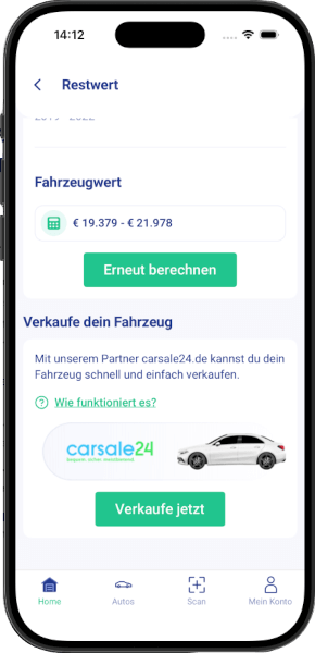 Fahrzeugschein App - Restwert-Berechnung mit Fahrzeugwert und Verkaufsoption über carsale24