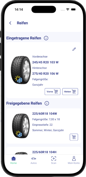 Fahrzeugschein App - Reifenverwaltung mit eingetragenen Reifen, Größen und freigegebenen Reifentypen