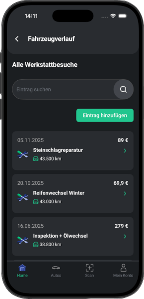 Fahrzeugschein App - Werkstatthistorie mit Reparaturen, Inspektionen und Kosten